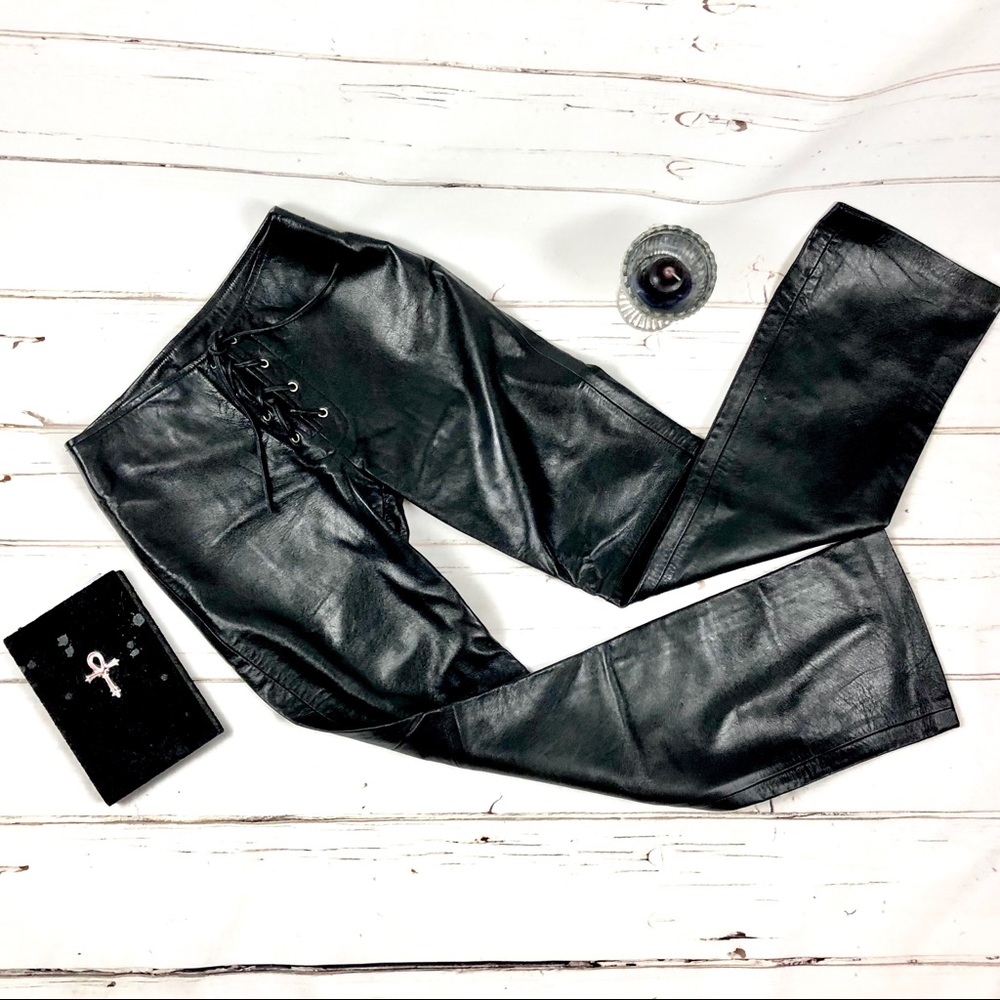 Black lace-up leather pants